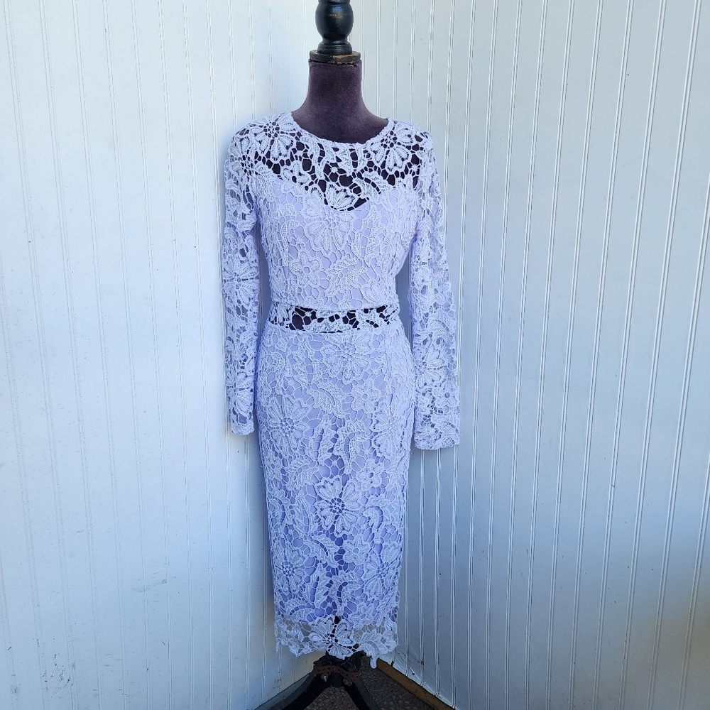 ASOS AX Paris Crochet Lace Bodycon Midi Dress LILAC PURPLE Stretch Long Sleeve 6